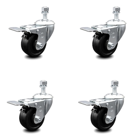 Service Caster 3.5 Inch Soft Rubber Wheel Swivel 3/8 Inch Stem Caster Set with Total Lock Brake SCC-TSTTL20S3514-SRS-381615-4